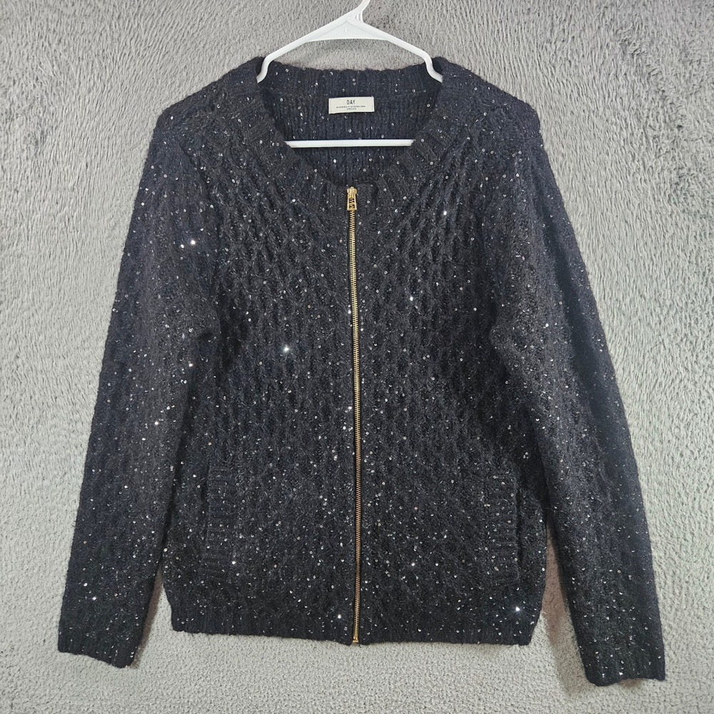 Day Birger et Mikkelsen Black Sequin Wool Mohair Zip Up Cardigan Sweater Women M